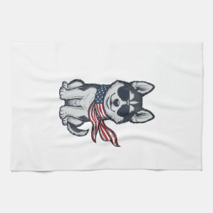 Retro Patriottische Husky Pup Vectorontwerp_1 Theedoek