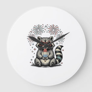 Retro Patriottische Wasbeer Vuurwerk Shirt Ontwerp Grote Klok