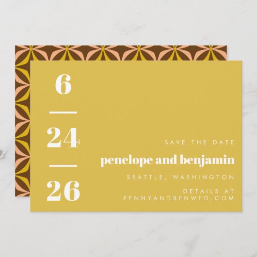 Retro Pattern Bold Typography Yellow Wedding Save The Date (Voorkant / Achterkant)