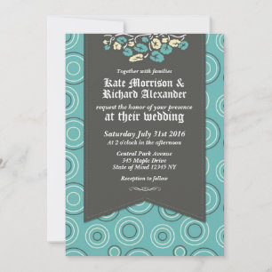 Retro Pattern en Floral Turquoise Wedding Invites Kaart