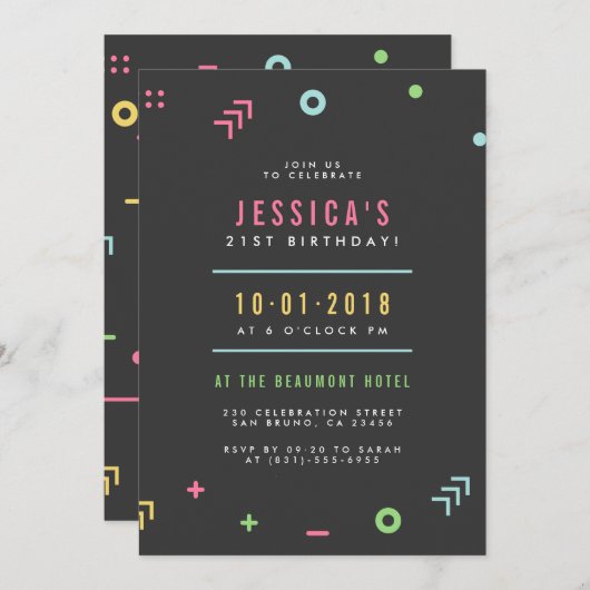 Retro Pattern & Modern Typography Birthday Party Kaart (Voorkant / Achterkant)