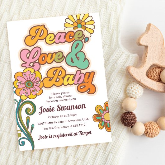 Retro Peace Love Baby Daisy Baby shower Invitation