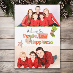 Retro Peace Love Double Photo kerstkaart