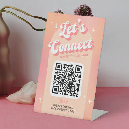 Retro Peach Laten we sociale media QR-code verbind Reclamebord Met Voetstuk