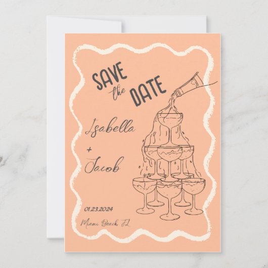 Retro Peach Wavy Champagne Tower Sla de datum op Kaart (Voorkant)