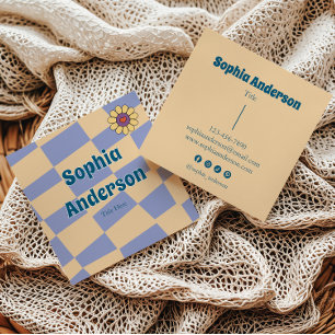 Retro Periwinkle Checkerboard met Daisy Flower Vierkante Visitekaartje