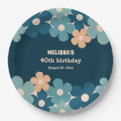 Retro Perzik Donkergroene Boho Bloem 40e Verjaarda Papieren Bordje (Voorkant)