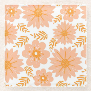 Retro Perzik Fuzz Oranje Bloempatroon Glazen Onderzetter