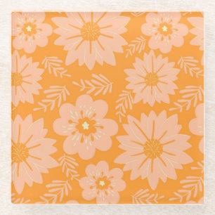 Retro Perzik Fuzz Oranje Bloempatroon Glazen Onderzetter