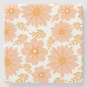 Retro Perzik Fuzz Oranje Bloempatroon Stenen Onderzetter