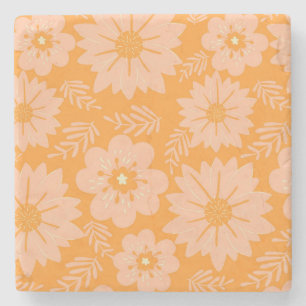 Retro Perzik Fuzz Oranje Bloempatroon Stenen Onderzetter