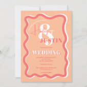 Retro perzikkromme kronkelen golvende trouwfoto kaart (Voorkant)