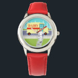 Retro Petite ville Milkman Montre pour enfants<br><div class="desc">Si vous avez soif d'un design moderne du milieu du siècle, cette Retro Small Town Milkman Kid's Watch est fait pour vous ! Le style des années 60, minimaliste design d'art, comprend un milkman dédié qui fait ses rondes matinales. L'homme blond porte un pantalon blanc laiteux, une chemise et un...</div>