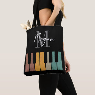 Retro Piano Monogram Naam Gepersonaliseerd Zwart Draagtas