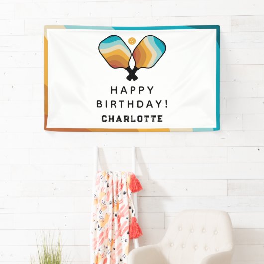 Retro Pickleball Paddles & Ball Verjaardagsfeest Spandoek (Insitu)