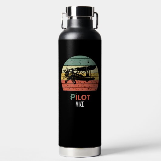 Retro PILOT Typografie & Vliegtuig, Aangepast Waterfles (Voorkant)