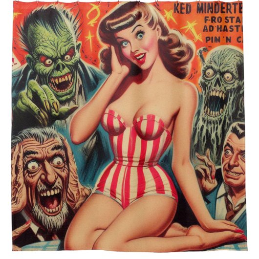 Retro Pin-up en Monsters Douchegordijn (Voorkant)