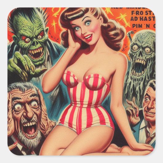 Retro Pin-up en Monsters Vierkante Sticker (Voorkant)