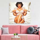 Retro Pin-up Meisje met Rode Polka Dot PJ's Canvas Afdruk (Insitu (Woonkamer))