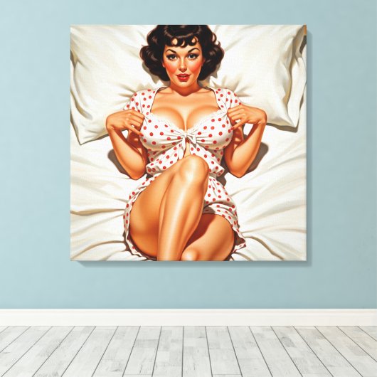Retro Pin-up Meisje met Rode Polka Dot PJ's Canvas Afdruk (Insitu (Houten vloer))