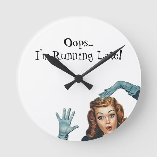 Retro Pin-up Running Late Oops Clock  Ronde Klok (Voorkant)