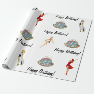 Retro Pin-Up & Verjaardagstaart Inpakpapier