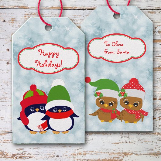 Retro Pinguïn en Uil Baby's Kerstmis Cadeaulabel