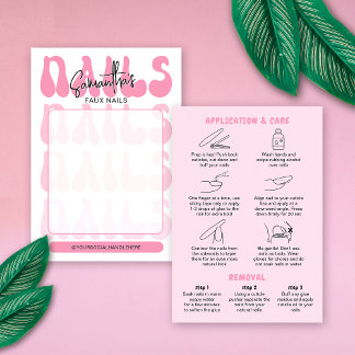 Retro Pink Acrylic Nails Care Guide Display Cards