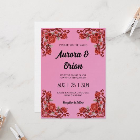 retro pink and red wedding invitation (Devant/Arrière en situation)
