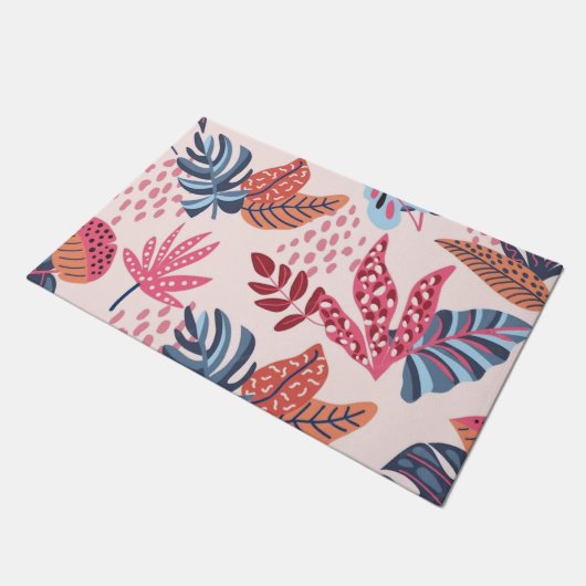 Retro Pink & Blue Tropical Leaf Pattern Outdoor Deurmat (Schuin)
