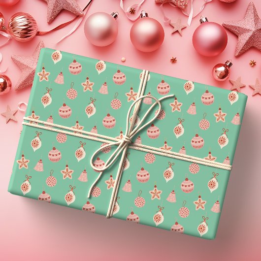 Retro Pink Christmas Ornaments Cadeaupapier