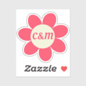 Retro Pink Daisy Floral 70's Bruiloft Monogram Sticker (Vel)