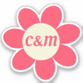 Retro Pink Daisy Floral 70's Bruiloft Monogram Sticker (Voorkant)