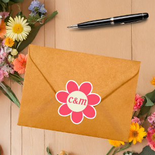 Retro Pink Daisy Floral 70's Bruiloft Monogram Sticker