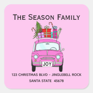 Retro Pink Fiat 500 met kerstcadeaus Vierkante Sticker