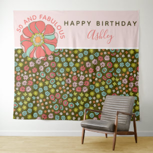 Retro Pink Floral Birthday Foto Wandkleed