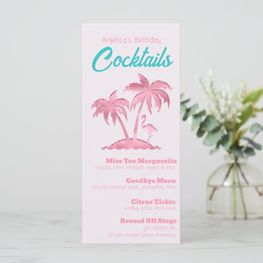 Retro Pink Glitter Flamingo en Palmbomen Menu (Staand voorkant)