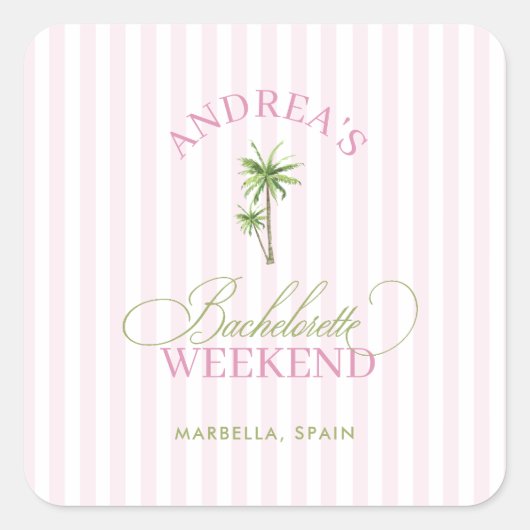Retro Pink & Green Palm Tree Beach Bachelorette Vierkante Sticker (Voorkant)