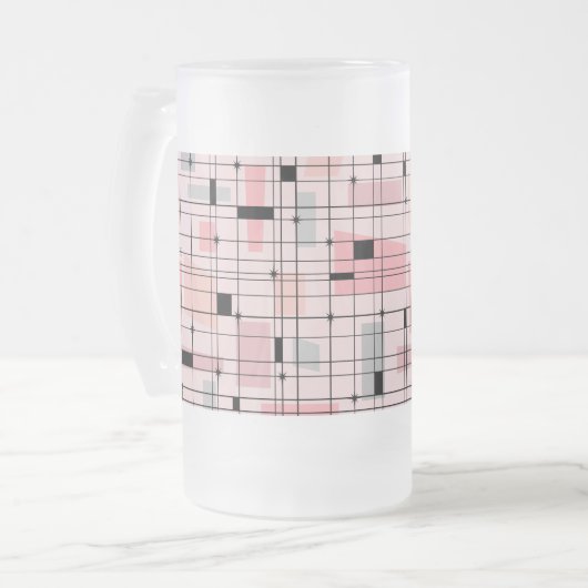 Retro Pink Grid en Starbursts Frosted Glass Mok (Voorkant links)