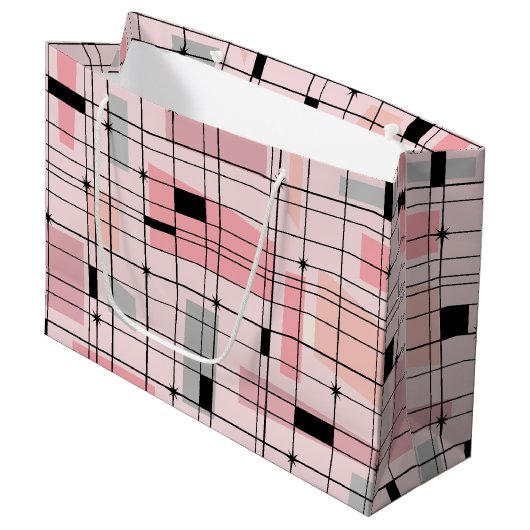 Retro Pink Grid en Starbursts Gift Bag Large Cadeautasje (Voorkant Gekanteld)