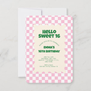 Retro Pink Groovy Checker Sweet 16 uitnodiging