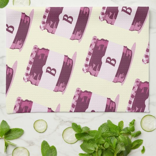 Retro Pink Jelly Jar Canning Pattern met Monogram Theedoek (Gevouwen)