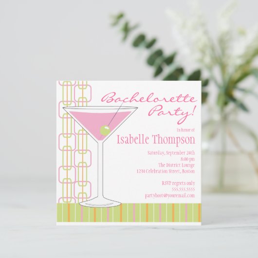 Retro Pink Martini Bachelorette Party Uitnodiging (Staand voorkant)