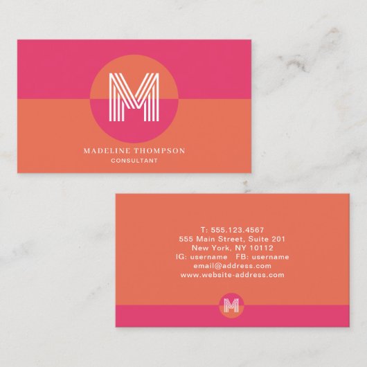 Retro Pink Orange Geometric Modern Monogram Visitekaartje (Voorkant / Achterkant)