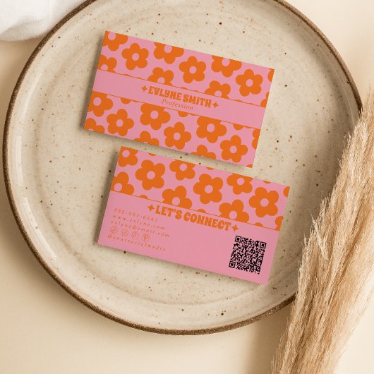 Retro Pink Orange QR Code Groovy Floral Boho Girly Visitekaartje