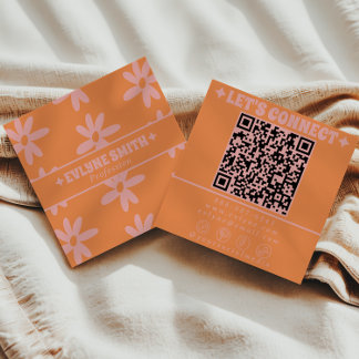 Retro Pink Orange QR Code Groovy Floral Girly  Vierkante Visitekaartje
