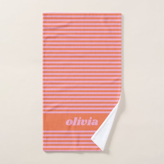 Retro Pink Orange Stripe Personalized Name (Serviette à main)