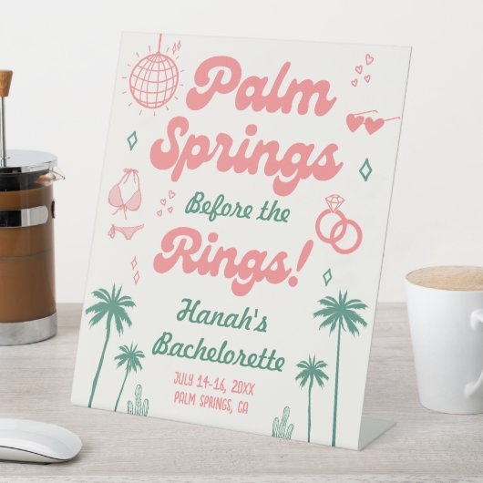 Retro Pink Palm Springs vrijgezellenfeest Reclamebord Met Voetstuk (Insitu)