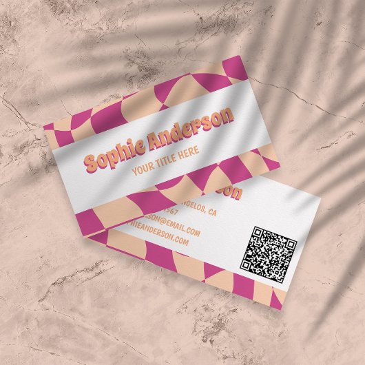 Retro Pink & Peach Wavy Pattern with QR Code  Visitekaartje