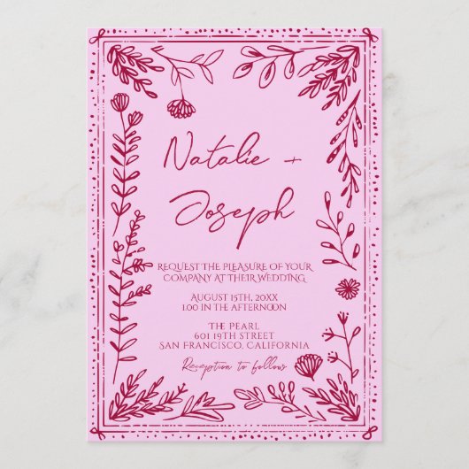 Retro Pink Raspberry QR Code Drawn Floral Wedding Kaart (Voorkant)